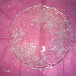 Vintage 15" Scalloped Frosted Etched Crystal Sea Marine Life Serving Platter